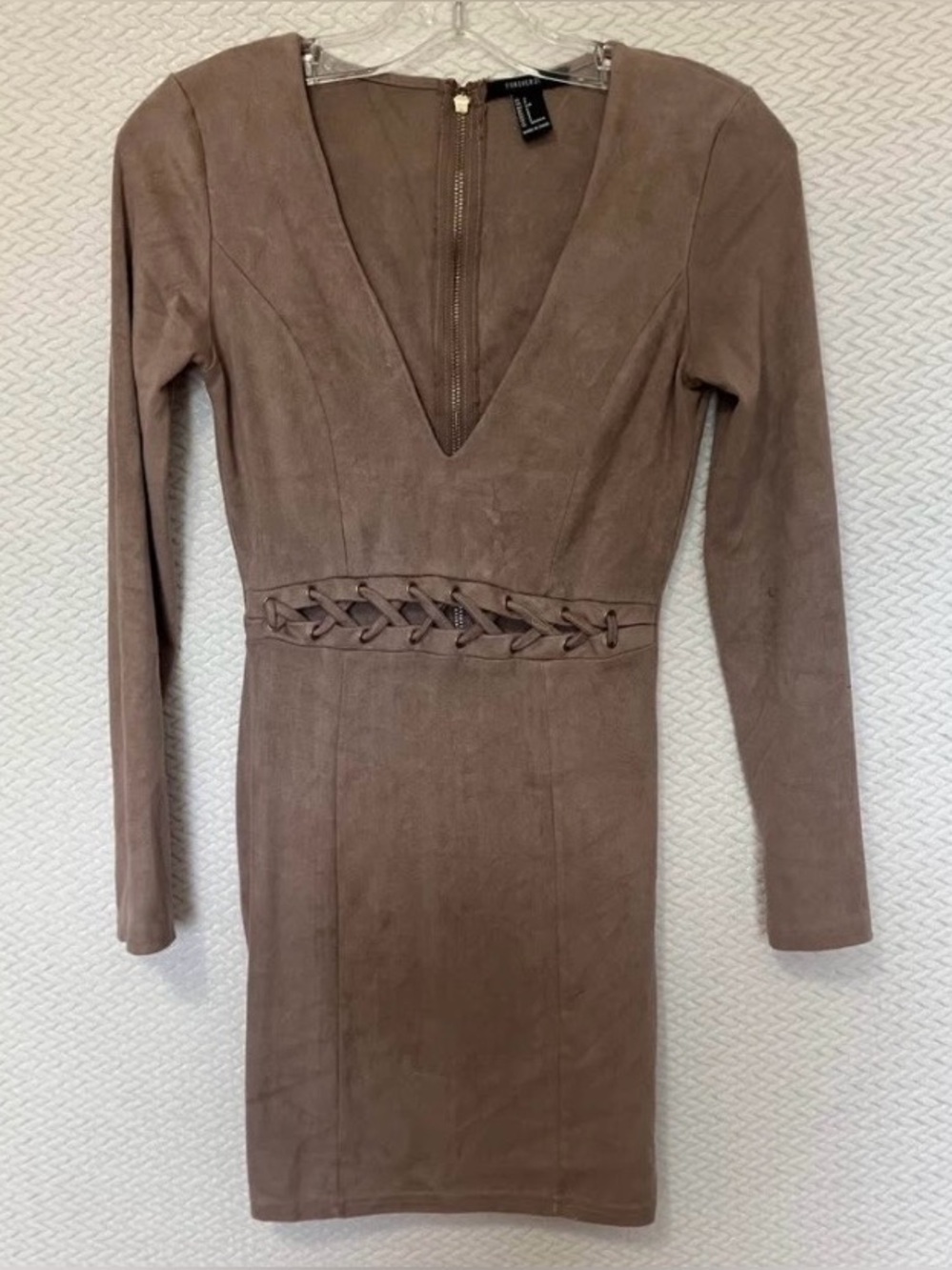 Forever 21 Faux Suede Lace Up Waist Mini Dress Taupe Brown Long Sleeve Women S